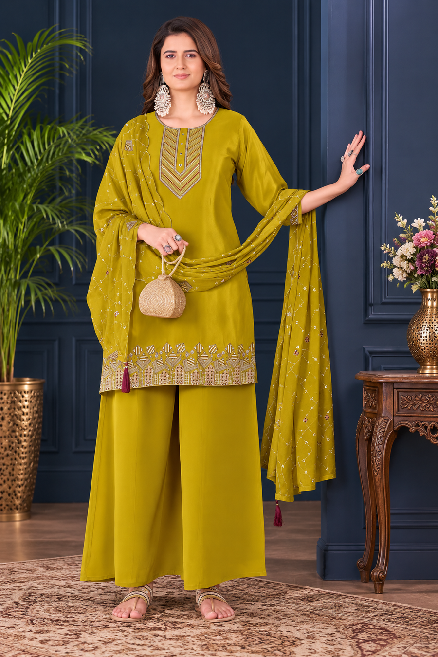 Mustard Yellow Natural Crepe Geometric Embroidered Kurta Set