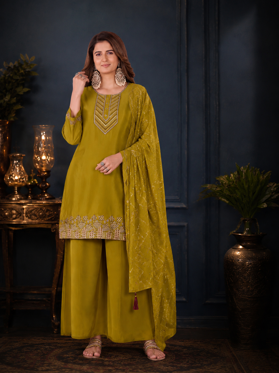Mustard Yellow Natural Crepe Geometric Embroidered Kurta Set