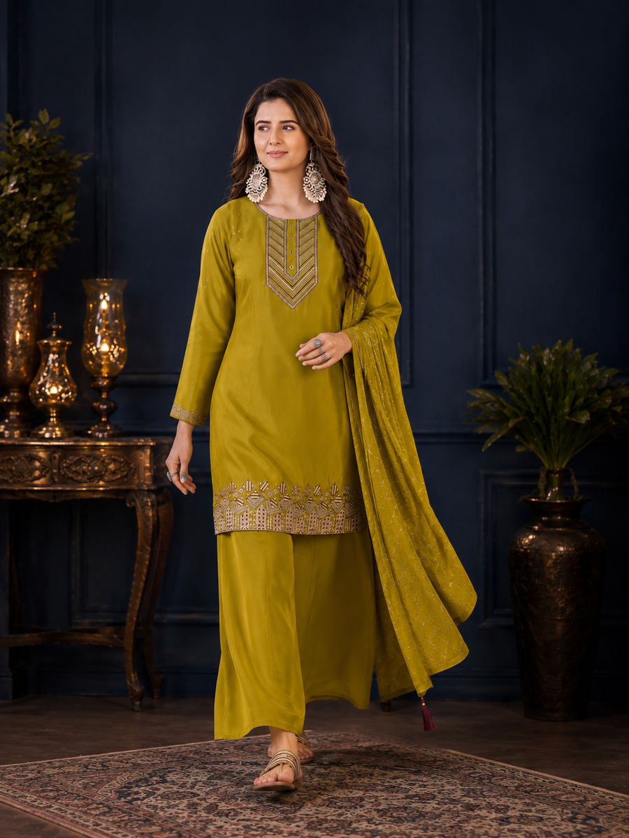 Mustard Yellow Natural Crepe Geometric Embroidered Kurta Set
