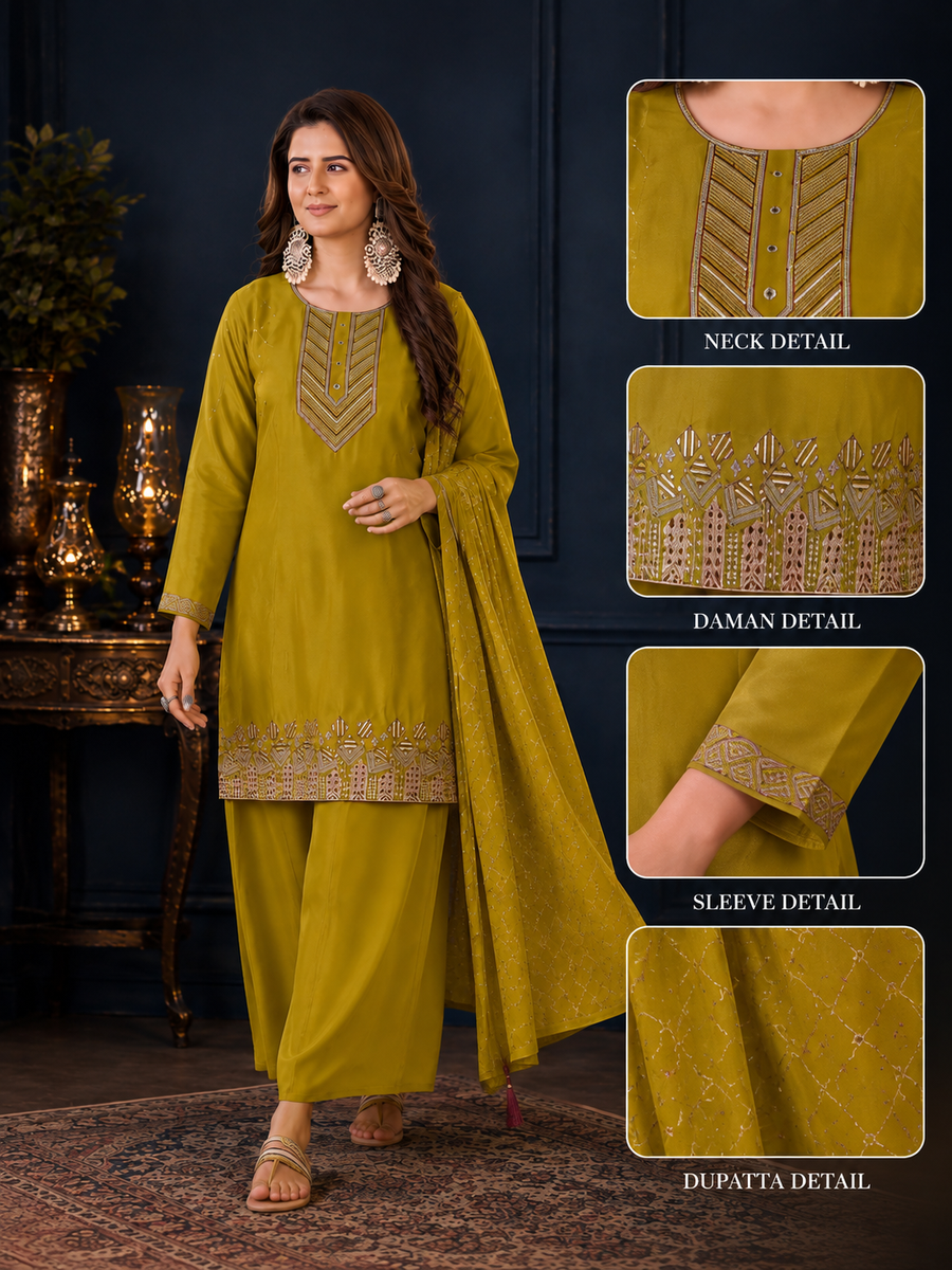 Mustard Yellow Natural Crepe Geometric Embroidered Kurta Set