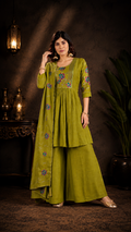Olive Green Milano Silk Embroidered Kurta with Palazzo and Dupatta