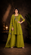 Olive Green Milano Silk Embroidered Kurta with Palazzo and Dupatta