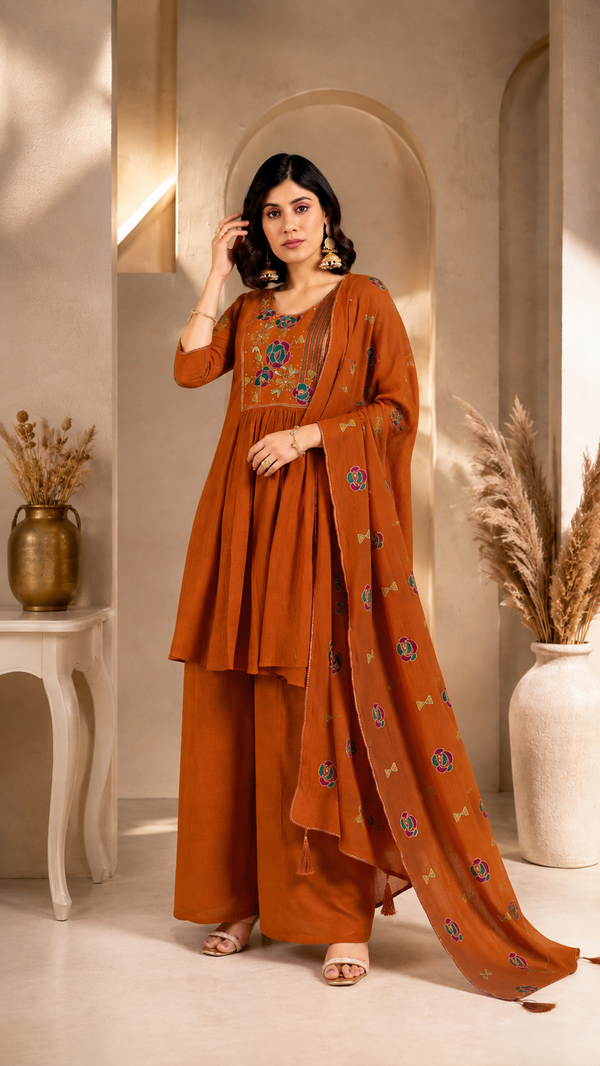 Rust Orange Milano Silk Embroidered Kurta with Palazzo and Dupatta