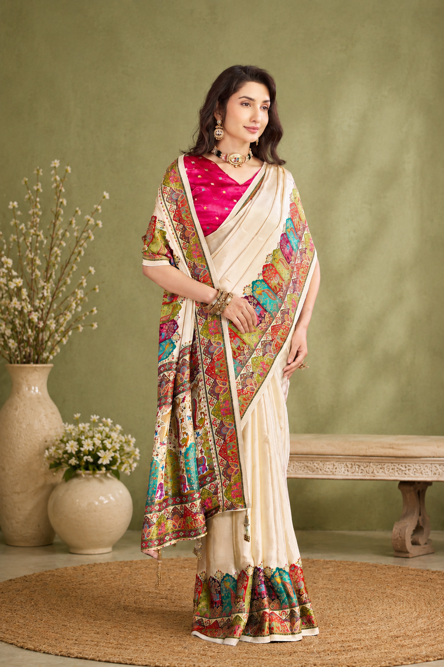Elegant Ivory Satin Silk Saree