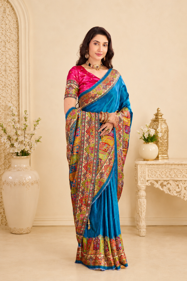 Peacock Blue Satin Silk Saree