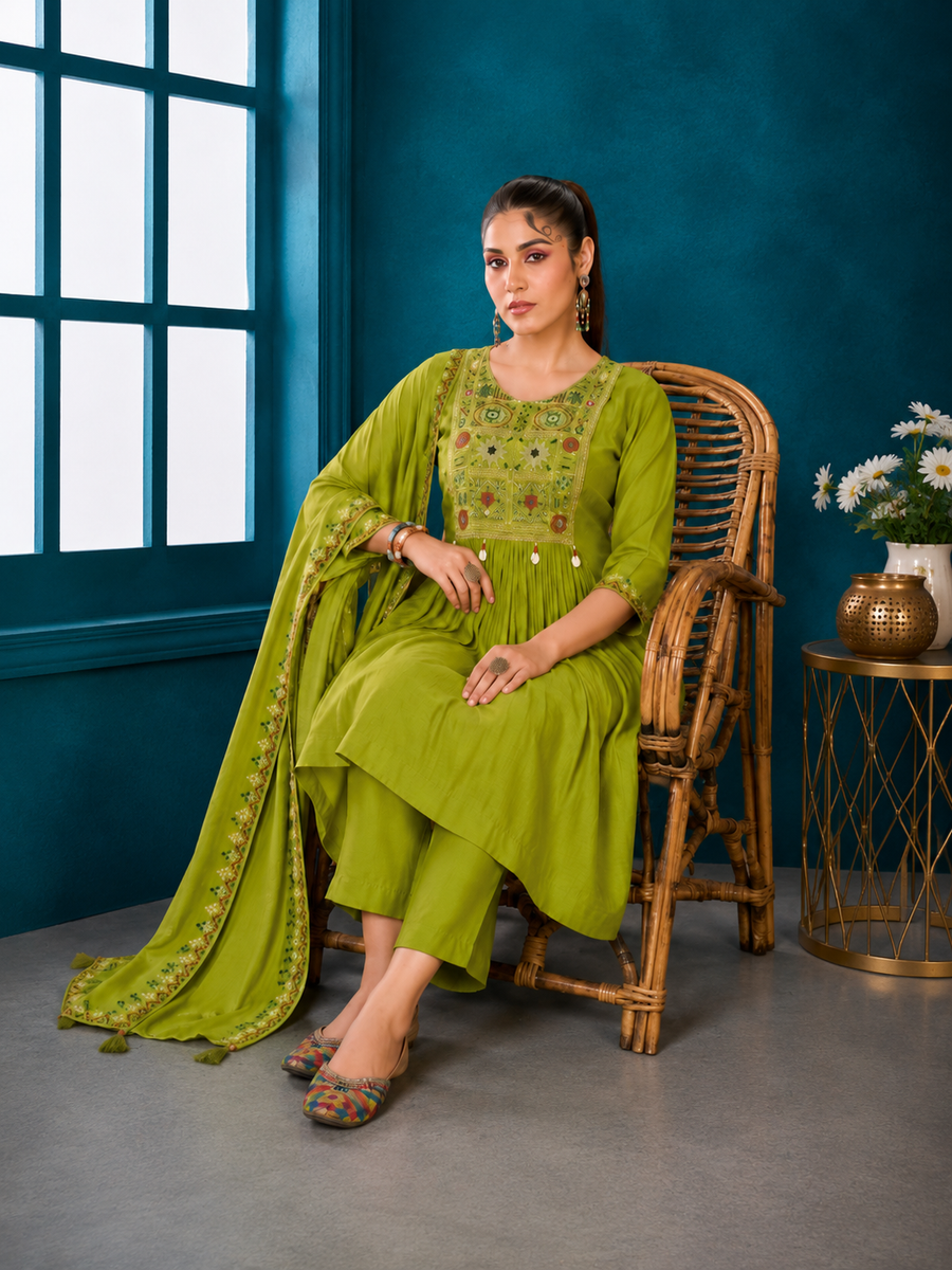 Olive Lime Mal Chanderi Anarkali Suit Set