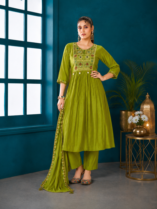 Olive Lime Mal Chanderi Anarkali Suit Set
