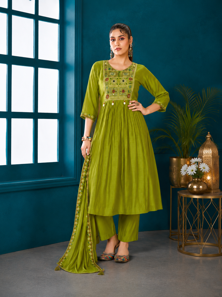 Olive Lime Mal Chanderi Anarkali Suit Set
