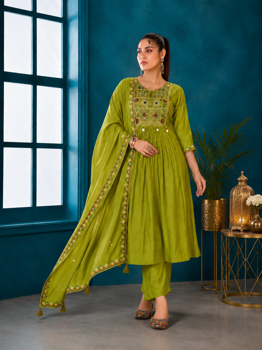 Olive Lime Mal Chanderi Anarkali Suit Set