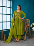 Olive Lime Mal Chanderi Anarkali Suit Set