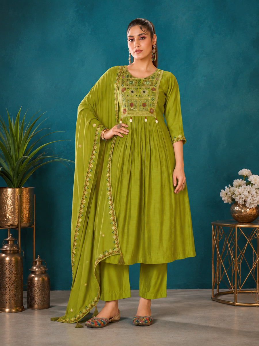 Olive Lime Mal Chanderi Anarkali Suit Set