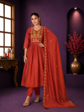 Rust Terracotta Mal Chanderi Anarkali Suit Set