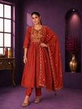 Rust Terracotta Mal Chanderi Anarkali Suit Set