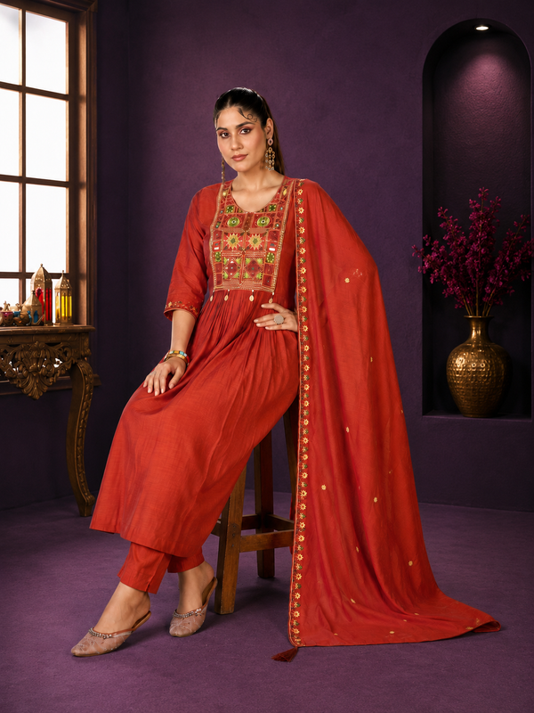 Rust Terracotta Mal Chanderi Anarkali Suit Set