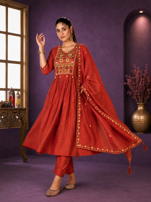 Rust Terracotta Mal Chanderi Anarkali Suit Set