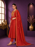 Rust Terracotta Mal Chanderi Anarkali Suit Set
