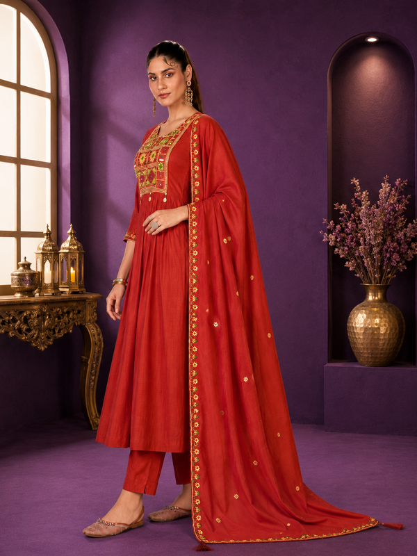 Rust Terracotta Mal Chanderi Anarkali Suit Set