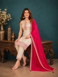 Beige Shimmer Silk Straight Kurta Set with Contrast Fuchsia Pink Dupatta