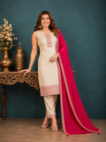 Beige Shimmer Silk Straight Kurta Set with Contrast Fuchsia Pink Dupatta