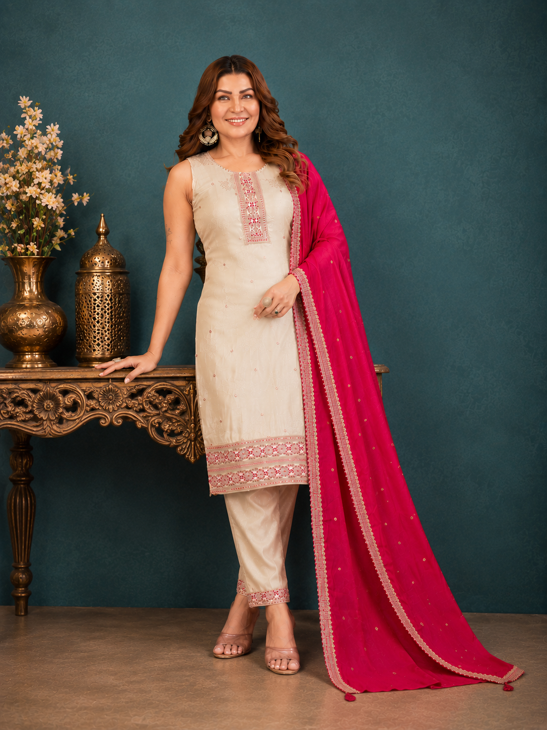 Beige Shimmer Silk Straight Kurta Set with Contrast Fuchsia Pink Dupatta