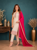 Beige Shimmer Silk Straight Kurta Set with Contrast Fuchsia Pink Dupatta