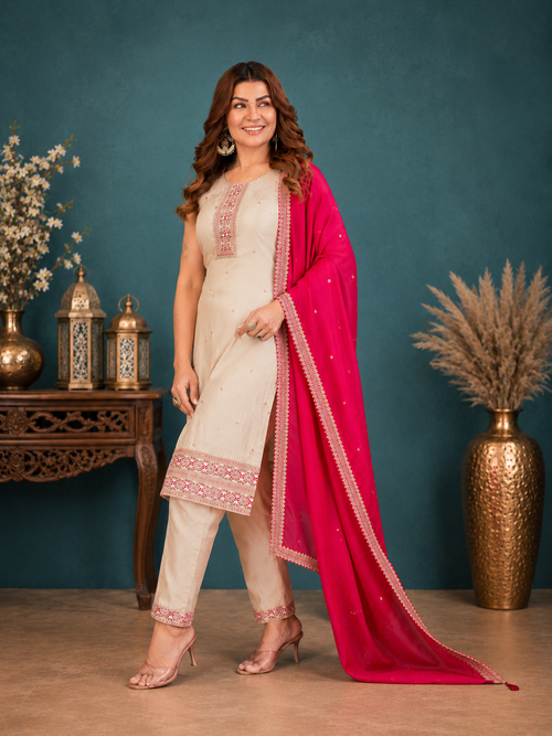 Beige Shimmer Silk Straight Kurta Set with Contrast Fuchsia Pink Dupatta