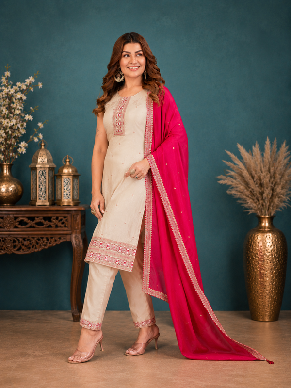 Beige Shimmer Silk Straight Kurta Set with Contrast Fuchsia Pink Dupatta