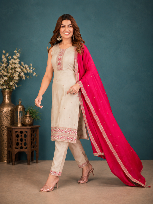 Beige Shimmer Silk Straight Kurta Set with Contrast Fuchsia Pink Dupatta
