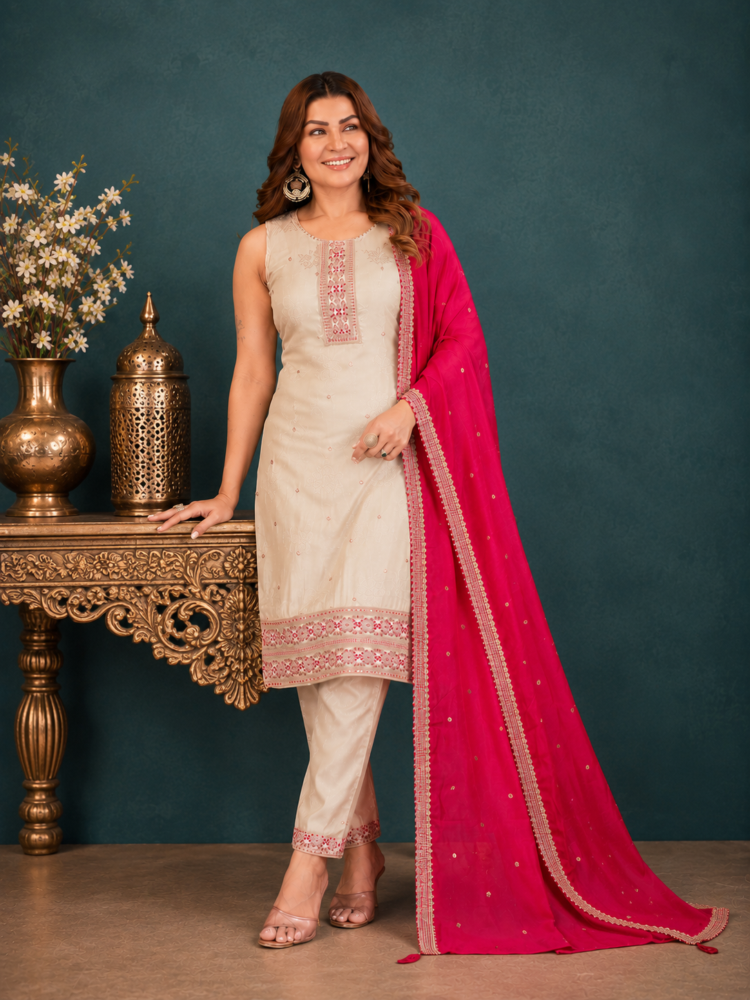 Beige Shimmer Silk Straight Kurta Set with Contrast Fuchsia Pink Dupatta