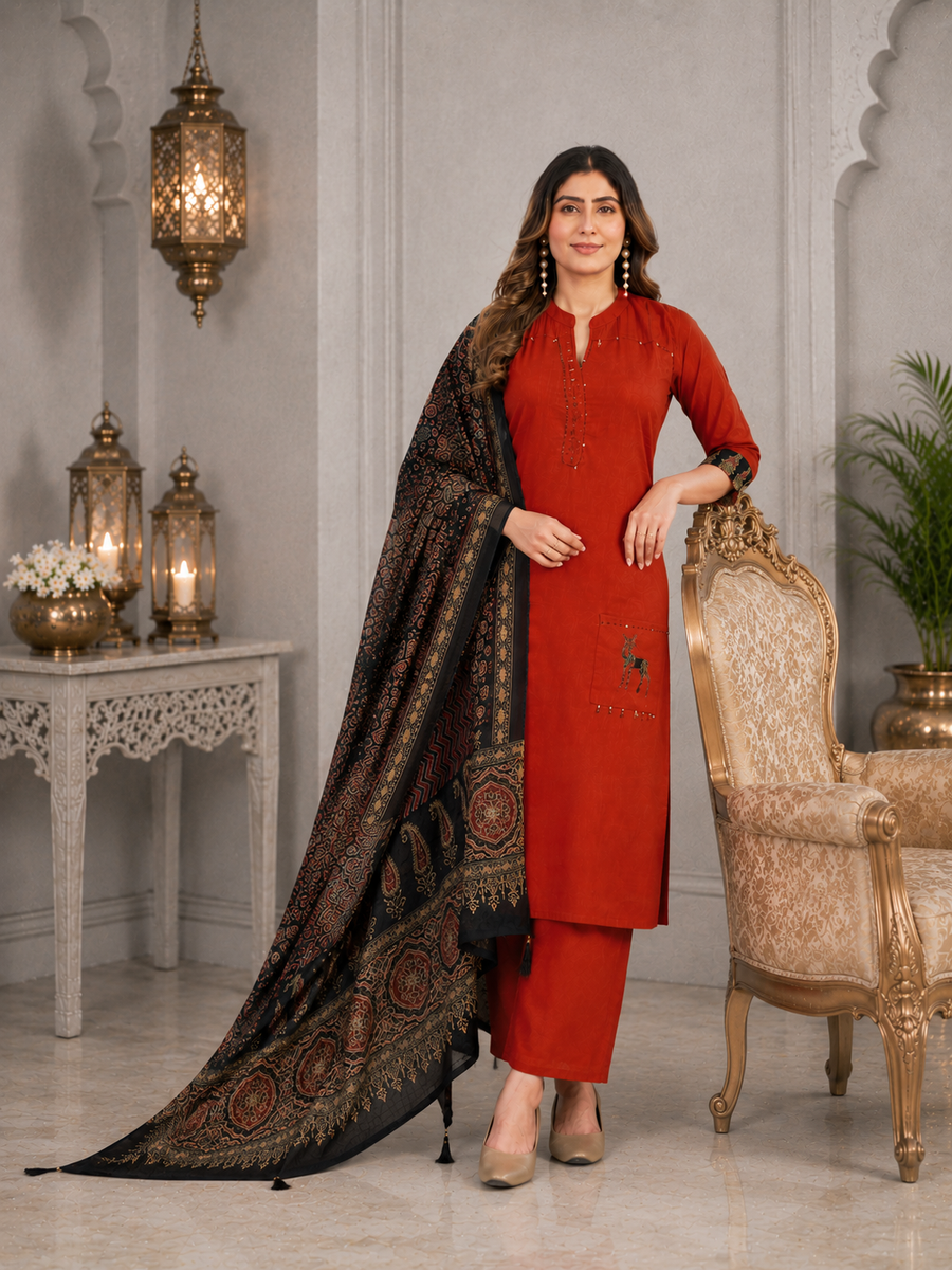 Rust Red Linen Cotton Straight Kurta Set with Contrast Black Kalamkari Print Dupatta