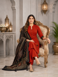 Rust Red Linen Cotton Straight Kurta Set with Contrast Black Kalamkari Print Dupatta