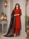 Rust Red Linen Cotton Straight Kurta Set with Contrast Black Kalamkari Print Dupatta