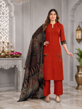 Rust Red Linen Cotton Straight Kurta Set with Contrast Black Kalamkari Print Dupatta