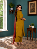 Mustard Yellow Linen Cotton Straight Kurta Set with Contrast Rust Red Printed Dupatta