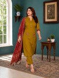 Mustard Yellow Linen Cotton Straight Kurta Set with Contrast Rust Red Printed Dupatta