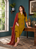 Mustard Yellow Linen Cotton Straight Kurta Set with Contrast Rust Red Printed Dupatta