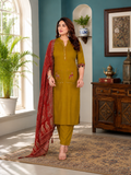 Mustard Yellow Linen Cotton Straight Kurta Set with Contrast Rust Red Printed Dupatta