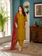 Mustard Yellow Linen Cotton Straight Kurta Set with Contrast Rust Red Printed Dupatta