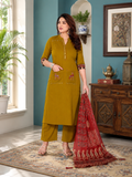 Mustard Yellow Linen Cotton Straight Kurta Set with Contrast Rust Red Printed Dupatta