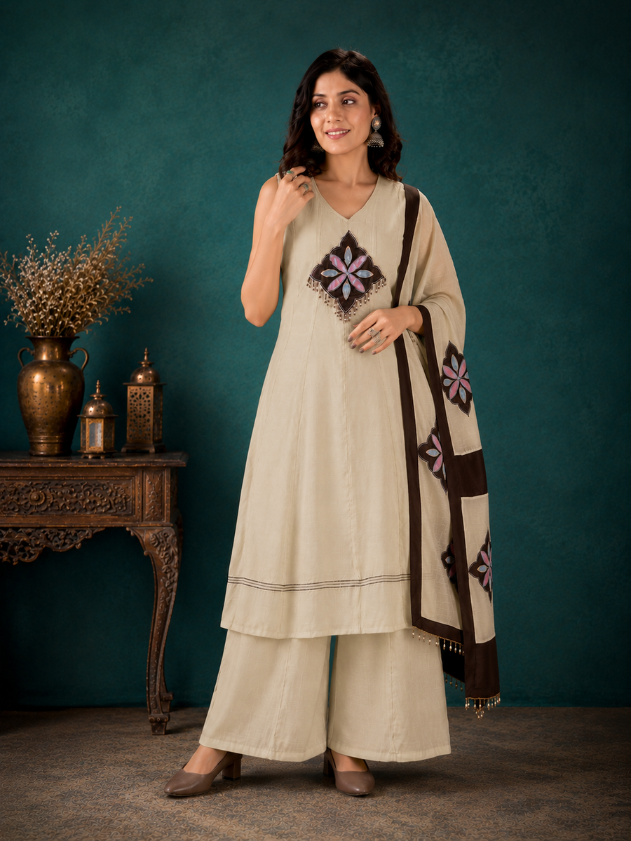 Off-White Mal Chanderi Straight Kurta Set with Patchwork Applique Dupatta