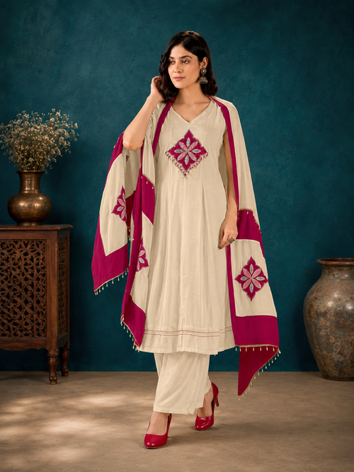 Beige Mal Chanderi Straight Kurta Set with Magenta Applique Dupatta