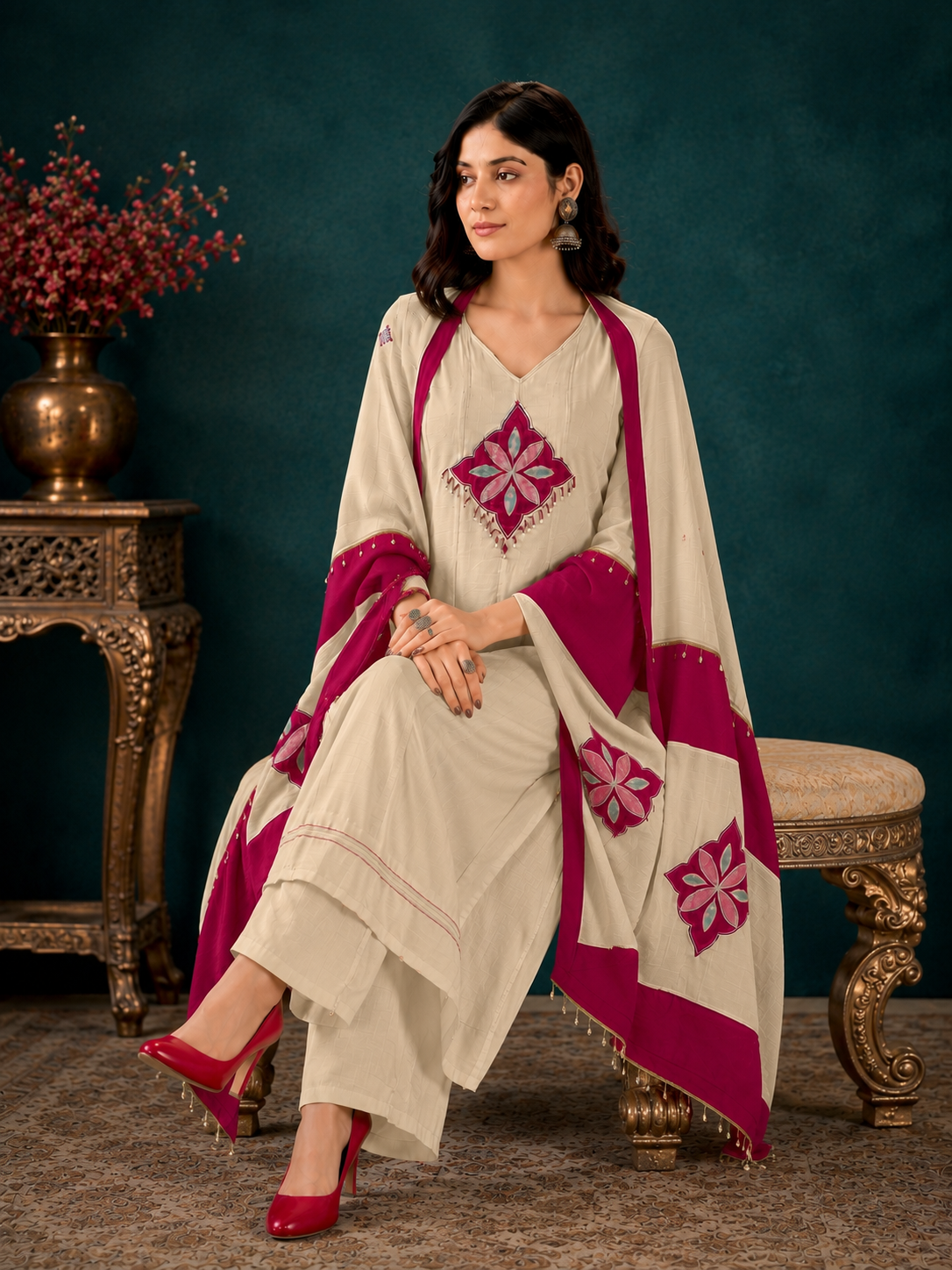 Beige Mal Chanderi Straight Kurta Set with Magenta Applique Dupatta