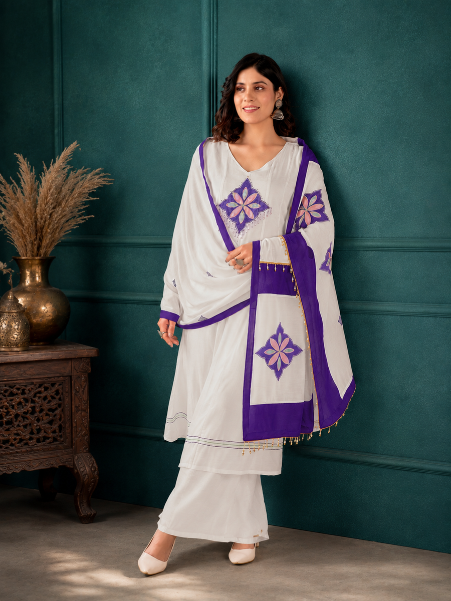 Off-White Mal Chanderi Straight Kurta Set with Royal Purple Applique Dupatta