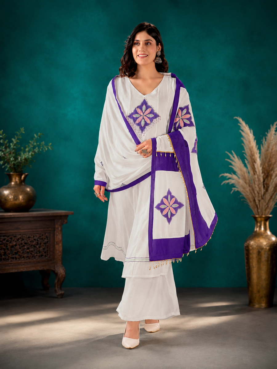 Off-White Mal Chanderi Straight Kurta Set with Royal Purple Applique Dupatta