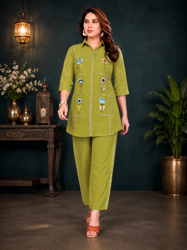 Olive Green Mal Cotton Floral Co-ord Set