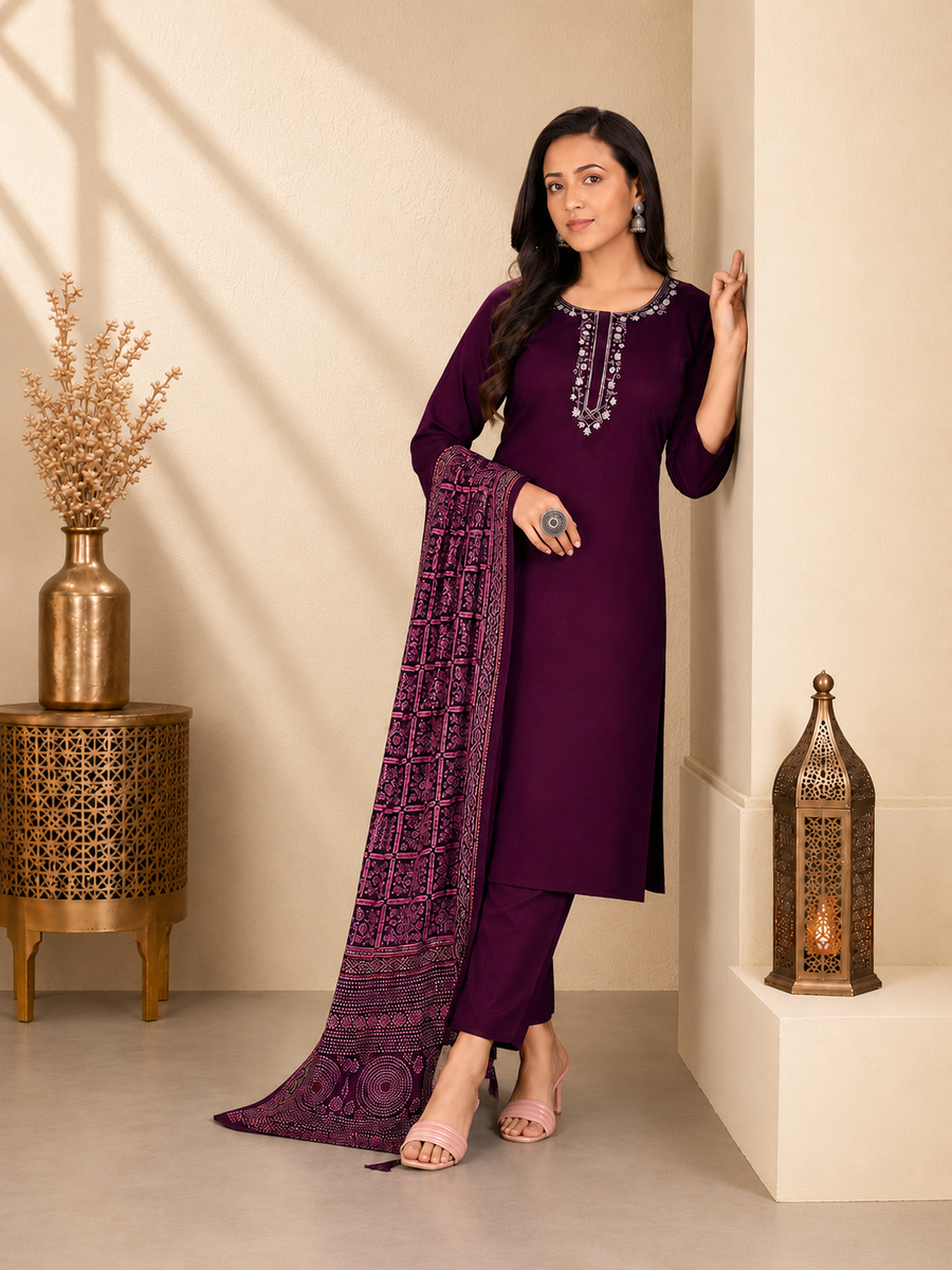 Deep Wine Pure Gaji Silk Straight Kurta Set with Banarasi Dupatta
