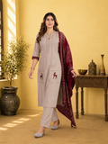 Beige Linen Cotton Straight Kurta Set with Contrast Maroon Ajrakh Print Dupatta
