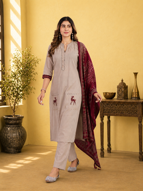 Beige Linen Cotton Straight Kurta Set with Contrast Maroon Ajrakh Print Dupatta