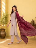 Beige Linen Cotton Straight Kurta Set with Contrast Maroon Ajrakh Print Dupatta