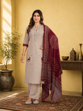Beige Linen Cotton Straight Kurta Set with Contrast Maroon Ajrakh Print Dupatta